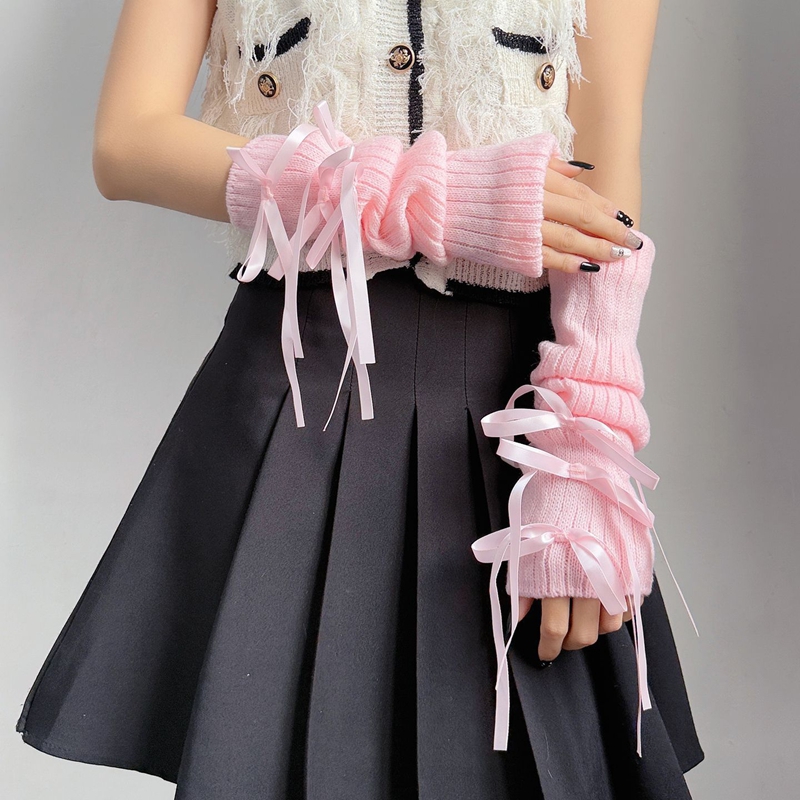 Sweet Ribbon Bow Knitted Warm  - Fingerless Glove Knit ulasan dan harga