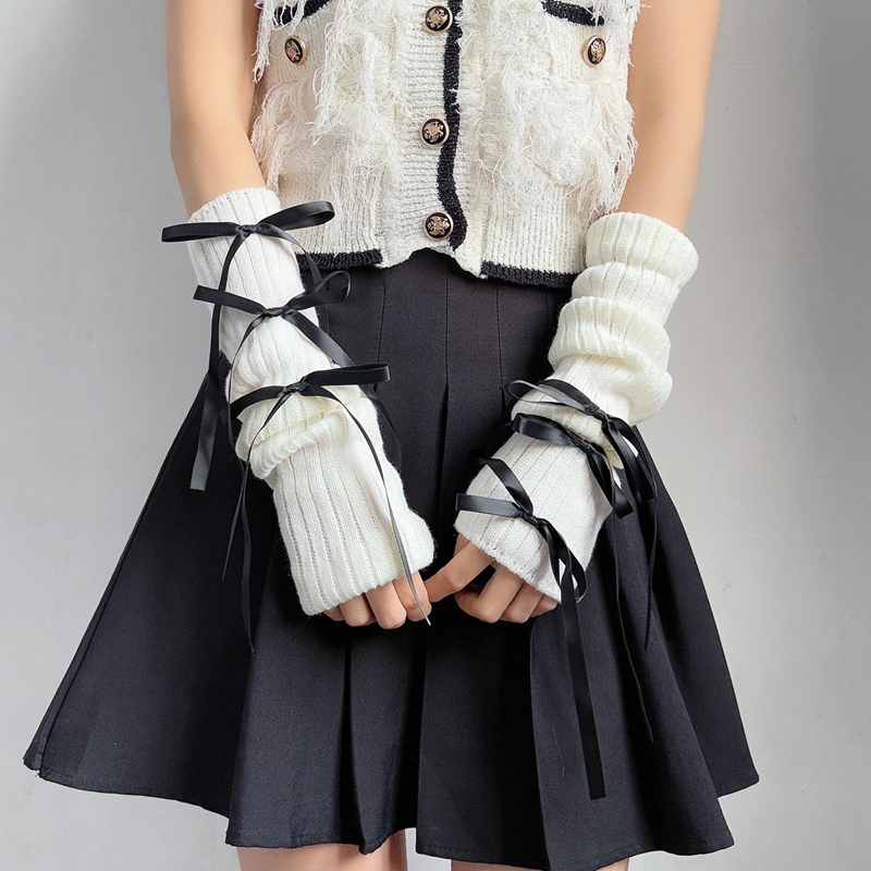 Sweet Ribbon Bow Knitted Warm  - Fingerless Glove Knit ulasan dan harga